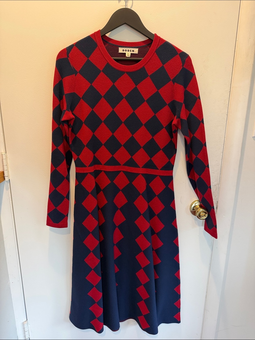 Boden Red and Navy Argyle Knit Fit-and-Flare Dress